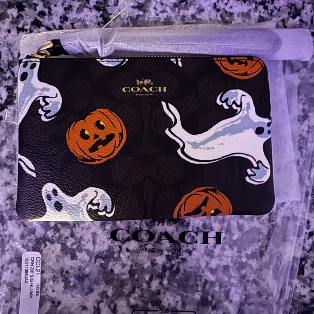 Coach Corner Zip Wristlet In Signature Canvas With Halloween Print